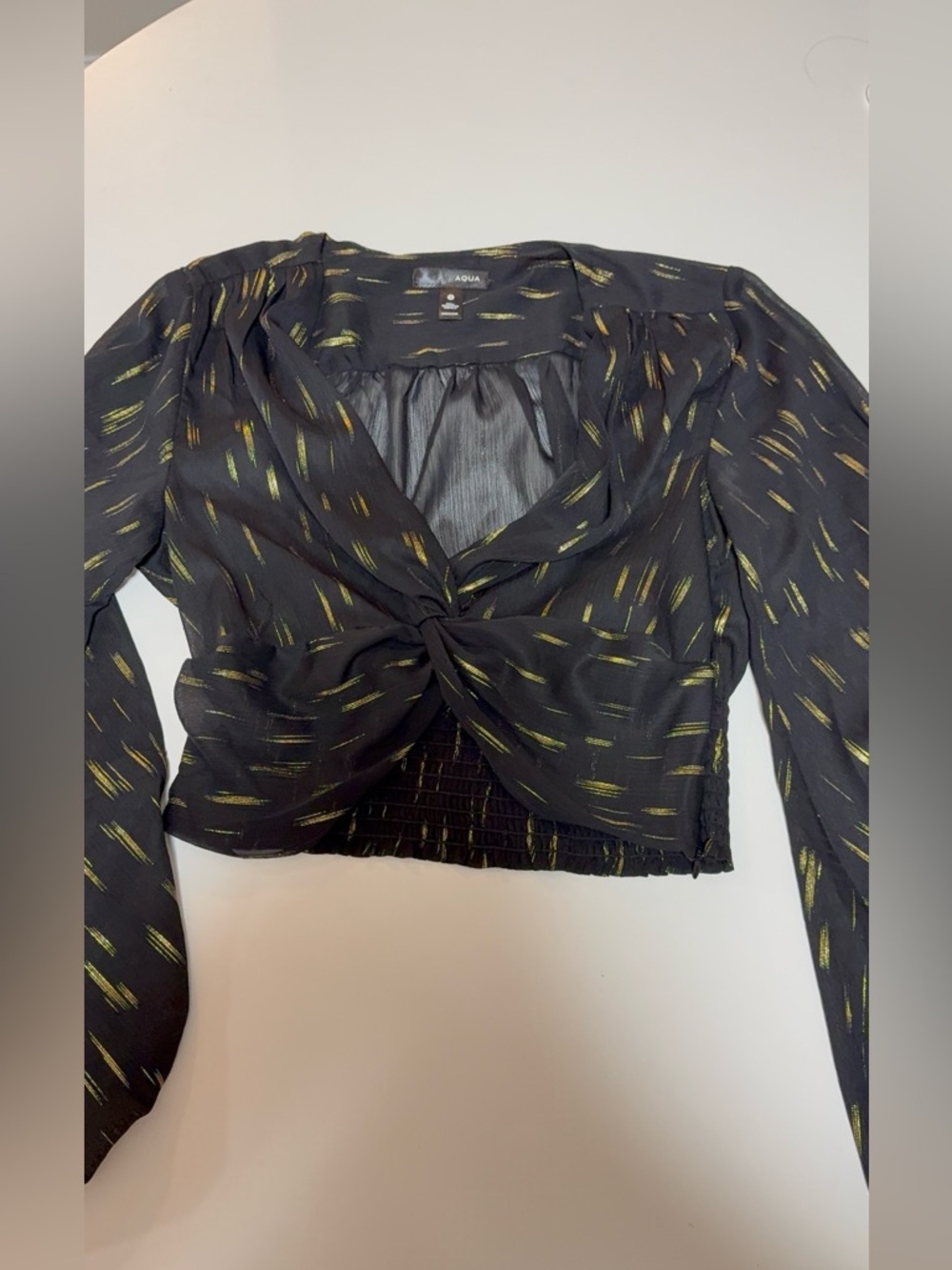 Aqua Black Twist-Front Long Sleeve Crop Top with Metallic Gold Accents